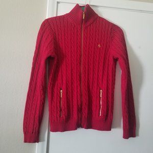 Lauren Ralph Lauren M Red Zip Front Cable Knit Sweater Pockets High Neck